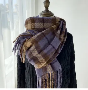 Cozy winter plaid scarf for women, warm thickened fringed shawl in chic retro style.