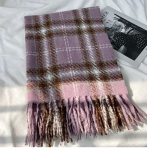 Cozy winter plaid scarf for women, soft imitation cashmere shawl in purple brown.