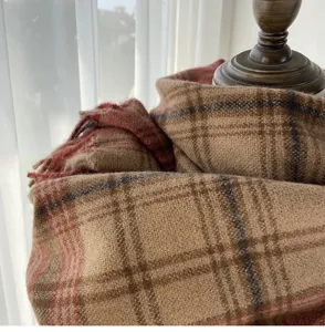 Detail shot of a retro brown plaid winter scarf, soft texture, cozy warmth for cold days.