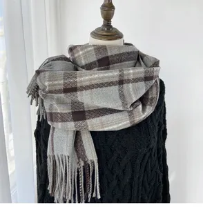 Cozy winter plaid scarf with fringe soft imitation cashmere warm wrap for women style.