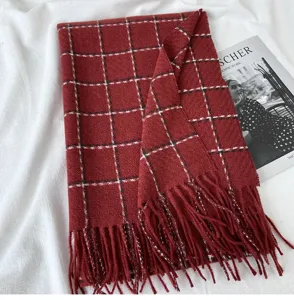 Classic red grid winter scarf for women, warm soft cashmere-feel tassel shawl neck wear.