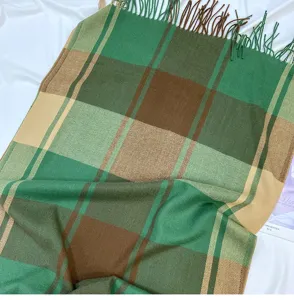 Women green brown plaid scarf autumn winter tassel shawl cozy imitation cashmere neck wrap