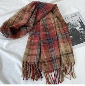 Retro plaid winter scarf with fringe, cozy warm fashion shawl for women and couples.