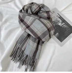 Cozy winter plaid scarf for women, thick soft imitation cashmere tassel shawl grey brown.