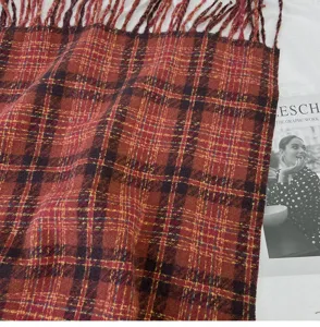 Cozy red plaid scarf with classic fringe, thick imitation cashmere winter warm wrap shawl for women.