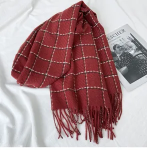 Classic red plaid winter scarf, cozy imitation cashmere shawl for women and daily warmth.