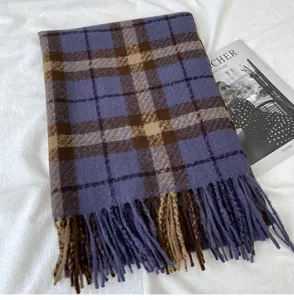 Autumn winter purple brown plaid scarf women thick warm tassel shawl Korean style cozy neckerchief