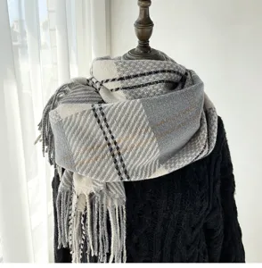 Écharpe d'hiver douillette à motif écossais, tissu texturé doux et franges classiques.