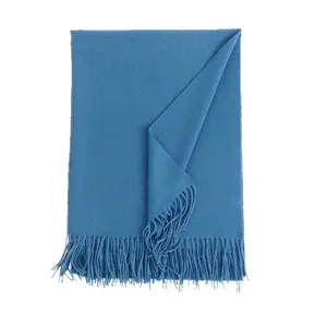 Solid blue winter imitation cashmere scarf with fringe, cozy long shawl for women.