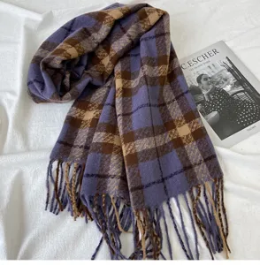 Detailed view of winter purple and brown plaid tassel scarf, cozy knit texture, elegant autumn prop.