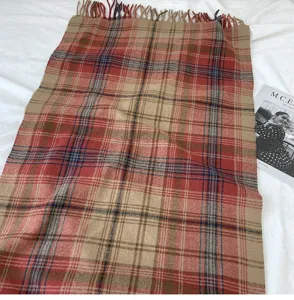 Detailed view of women autumn winter vintage plaid scarf warm cozy fringe blanket shawl soft.