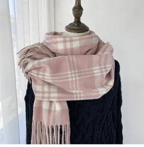 Écharpe à carreaux rose avec franges pour femme, châle chaud d'hiver imitation cachemire