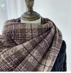 Thickened cashmere-feel plaid scarf, brown winter warm shawl, cozy couple fashion neck wrap.