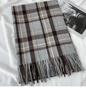 Autumn winter plaid cashmere feel scarf for women, warm thick retro tassel winter shawl.