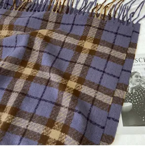 Cozy autumn winter plaid scarf for women, warm purple brown patterned shawl with fringe.
