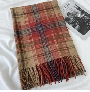 Cozy retro plaid scarf with fringes, warm winter shawl in rich red and brown tones for daily wear.