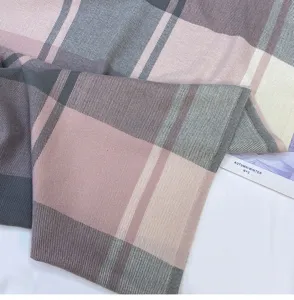 Detailed view of women autumn winter plaid cashmere feel scarf elegant pink grey design soft warm wrap