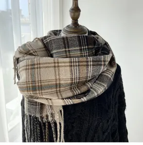 Vintage plaid scarf women winter warm tassel shawl soft retro checkered neck wrap elegant