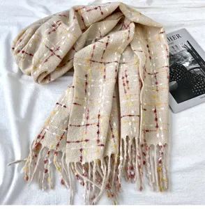 Cozy plaid tassel scarf for women winter warm imitation cashmere shawl neckerchief stylish