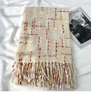 Cozy winter plaid cashmere-feel scarf with fringe, warm versatile shawl and neck warmer for women.