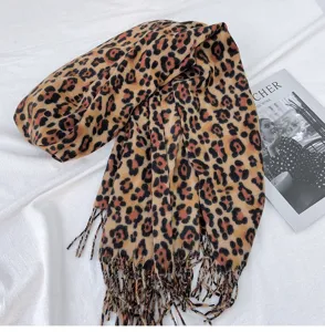 Classic leopard print scarf detail, autumn winter warm soft imitation cashmere tassel shawl.
