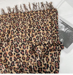 Classic leopard print scarf women autumn winter soft cashmere feel fringe shawl warm wrap fashion