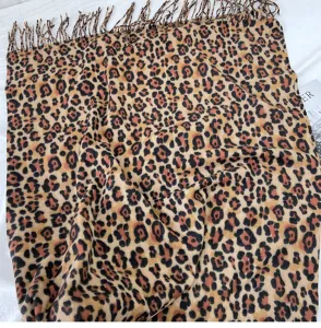 Classic leopard print scarf, autumn and winter imitation cashmere fringe shawl, warm neckerchief.