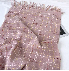 Winter pink plaid cashmere feel scarf warm fashion fringe shawl for women daily wear