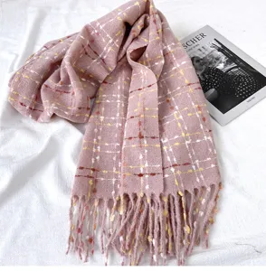 Cozy pink plaid winter scarf with chic fringes, soft cashmere-feel knitted warm scarf.