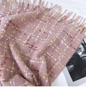 Cozy pink plaid tassel scarf detail, soft cashmere-feel winter shawl and warm neck wrap.