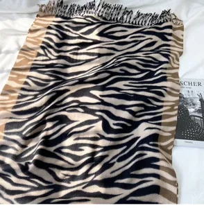 Autumn winter imitation cashmere scarf for women, trendy color block zebra print shawl.