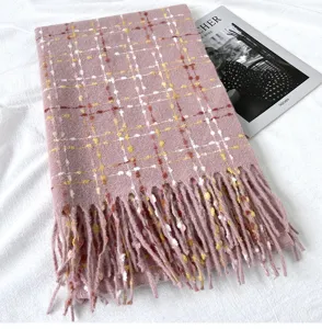 Pink plaid cashmere-feel scarf detail, cozy winter tassel design, soft warm daily wear accessory.