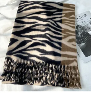 Autumn winter women faux cashmere scarf chic animal print fashion warm fringe shawl detail