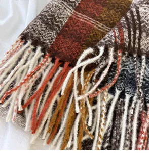 Cozy autumn winter plaid tassel scarf for women, soft imitation cashmere warm neck wrap.