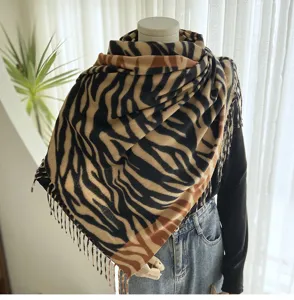 Women fashion animal print cashmere feel winter scarf elegant fringe tassel shawl design