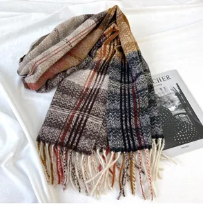 Autumn winter plaid tassel cashmere feel scarf cozy thick warm women winter neck wrap