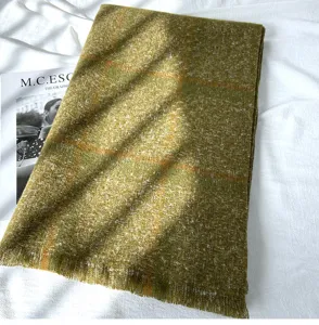 Cozy olive green plaid imitation cashmere scarf with fringe for autumn and winter warmth.