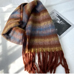 Écharpe d'hiver colorée à franges douillette, foulard doux effet cachemire chaud pour femmes automne.