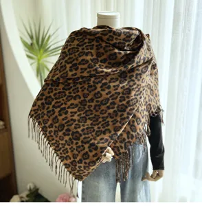 Classic leopard print scarf women autumn winter imitation cashmere fringe shawl warm neckerchief