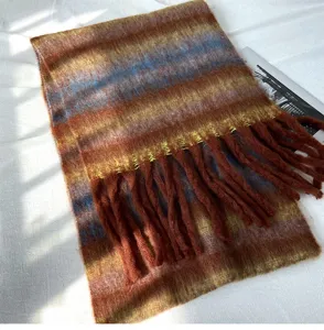 Automne hiver femmes duveteux mohair écharpe chaud doux carreaux franges gland châle élégant
