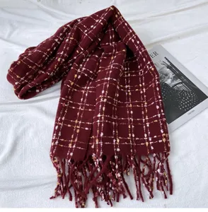 Detailed view of women's winter plaid knitted scarf featuring soft imitation cashmere and fringe.