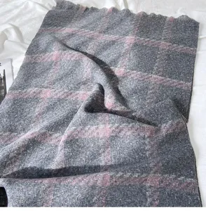 Cozy grey pink plaid cashmere feel winter scarf with tassels, warm thickened shawl for women.