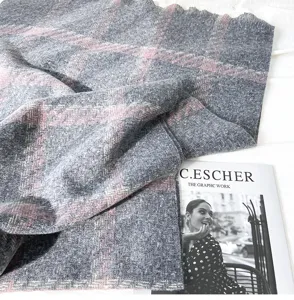 Cozy grey pink plaid imitation cashmere scarf with fringe, warm winter shawl for cold days.