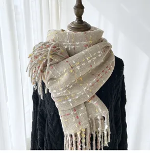 Women winter plaid scarf cozy cashmere feel tassel warm neck wrap stylish daily outfit
