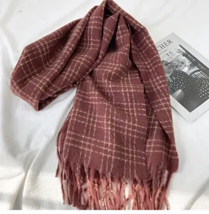 Écharpe à franges à carreaux automne hiver femme doux chaud vintage foulard châle