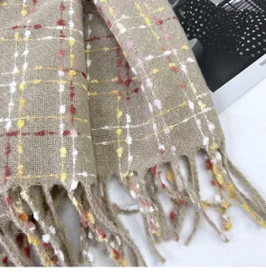 Winter plaid cashmere feel scarf detail view, cozy warm fringed tassel neck wrap for women.