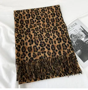 Classic leopard print fringe scarf for women, soft warm winter cashmere feel shawl.