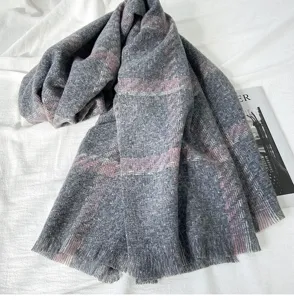 Cozy grey pink plaid cashmere feel tassel scarf winter warm thick shawl for women and couples.