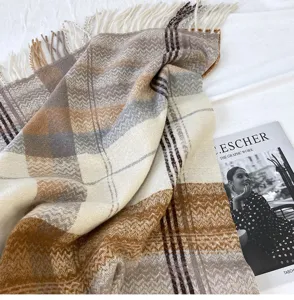 Cozy plaid tassel scarf detail, soft imitation cashmere shawl for autumn and winter daily wear.