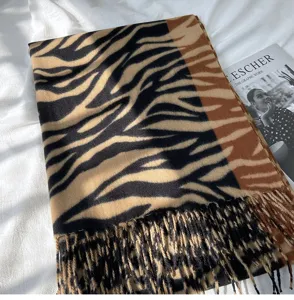 Autumn winter imitation cashmere scarf women colorblock tiger pattern fringe shawl detail